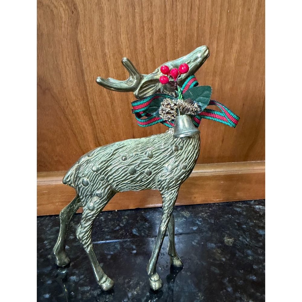 Vintage Brass Reindeer Figurine Christmas Decor Holiday Deer with Ribbon Bell